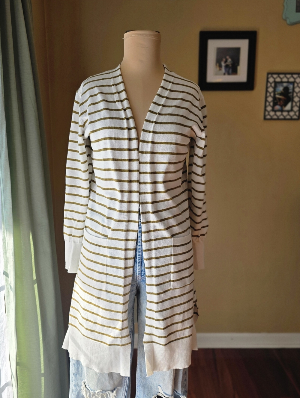 NINE WEST Olive Green‎ & White Striped Duster Cardigan - Size S